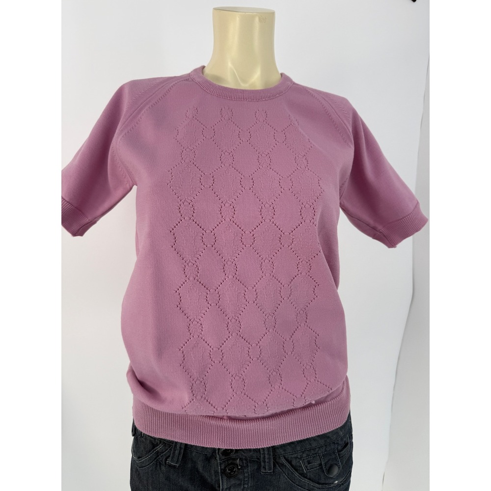 Vintage 60s 70s Eileen Made in Poland Pink Pointelle Knit Sweater Top S